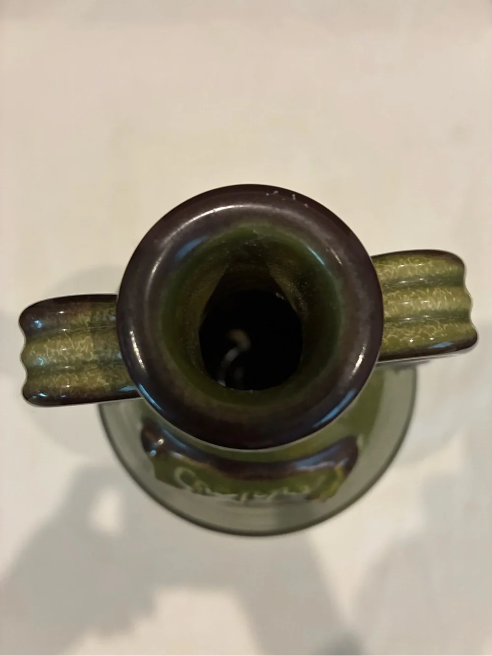 Neiman Marcus Olive Green Glazed Ceramic Vase Base w/Grappa on Front of Vessel
